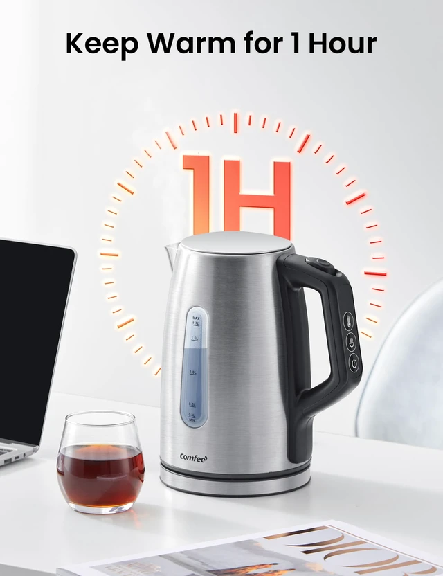Alt view image 3 of 7 - COMFEE' Stainless Steel Temperature-Control Kettle, 1.7L with 6 Preset Mode | 6 preset temperatures, stainless steel, keeps warm for 1 hour, easy-view water window, auto shut-off, boil-dry protection