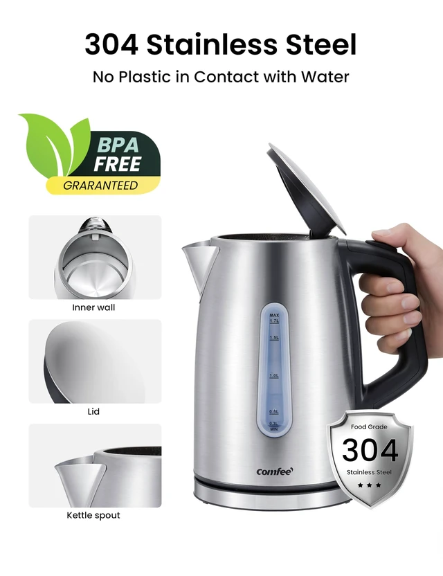 Alt view image 4 of 7 - COMFEE' Stainless Steel Temperature-Control Kettle, 1.7L with 6 Preset Mode | 6 preset temperatures, stainless steel, keeps warm for 1 hour, easy-view water window, auto shut-off, boil-dry protection