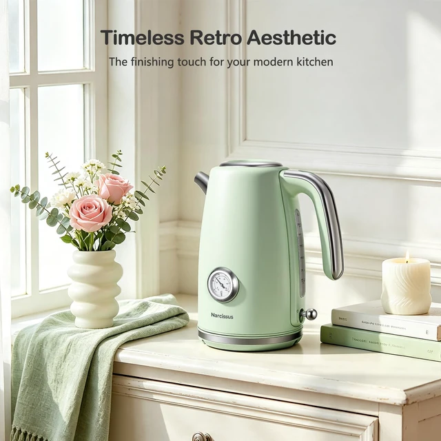 Alt view image 2 of 7 - Narcissus Electric Kettle Retro, 1.7 Liter & 1500 Watts Rapid Boils, One-Touch Lid Opening, with Precise Thermometer Dial & Water Level Window, 304 Stainless Steel Interior & BPA Free Materials, Green