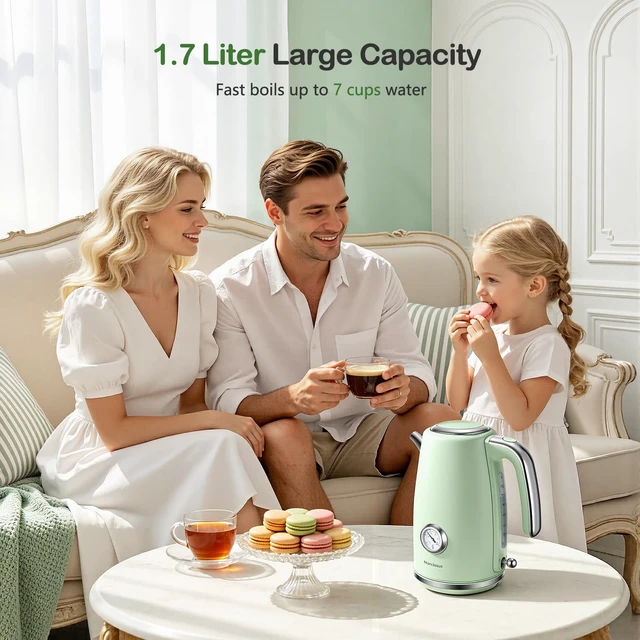 Alt view image 4 of 7 - Narcissus Electric Kettle Retro, 1.7 Liter & 1500 Watts Rapid Boils, One-Touch Lid Opening, with Precise Thermometer Dial & Water Level Window, 304 Stainless Steel Interior & BPA Free Materials, Green