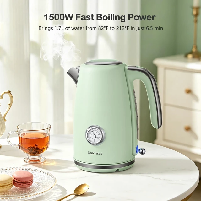 Alt view image 3 of 7 - Narcissus Electric Kettle Retro, 1.7 Liter & 1500 Watts Rapid Boils, One-Touch Lid Opening, with Precise Thermometer Dial & Water Level Window, 304 Stainless Steel Interior & BPA Free Materials, Green