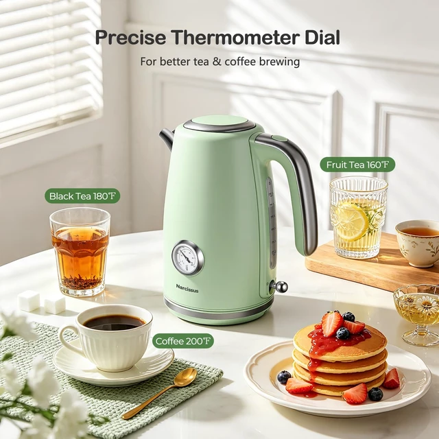 Alt view image 5 of 7 - Narcissus Electric Kettle Retro, 1.7 Liter & 1500 Watts Rapid Boils, One-Touch Lid Opening, with Precise Thermometer Dial & Water Level Window, 304 Stainless Steel Interior & BPA Free Materials, Green