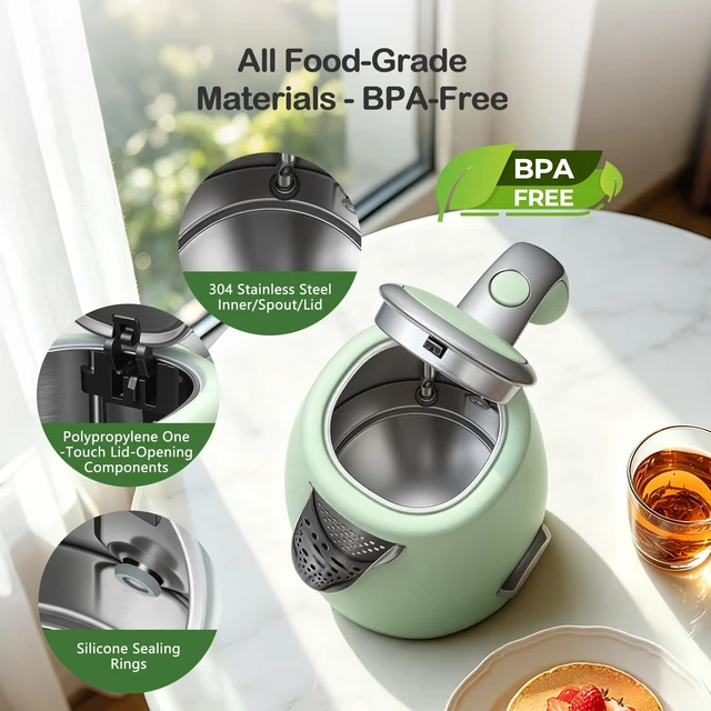 Alt view image 6 of 7 - Narcissus Electric Kettle Retro, 1.7 Liter & 1500 Watts Rapid Boils, One-Touch Lid Opening, with Precise Thermometer Dial & Water Level Window, 304 Stainless Steel Interior & BPA Free Materials, Green