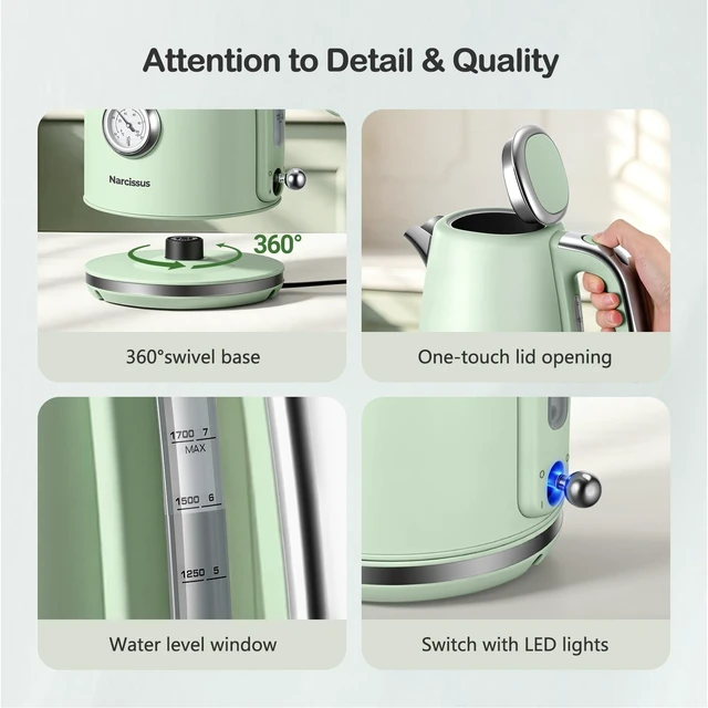 Alt view image 7 of 7 - Narcissus Electric Kettle Retro, 1.7 Liter & 1500 Watts Rapid Boils, One-Touch Lid Opening, with Precise Thermometer Dial & Water Level Window, 304 Stainless Steel Interior & BPA Free Materials, Green