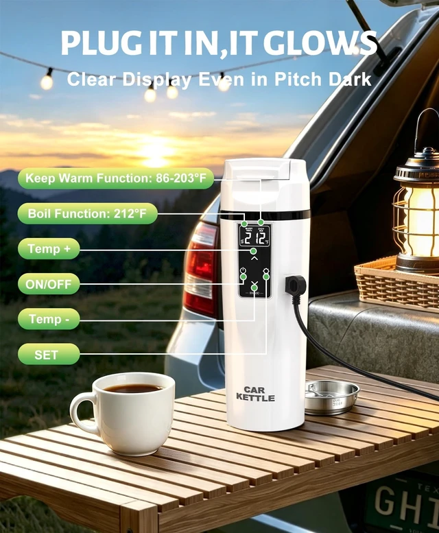 Alt view image 5 of 7 - FVPE Car Electric Kettle with Boil & Keep Warm for Commute/Travel,450ML | 12V/24V Water Boiler for Car/Truck,304 Stainless Steel 12V Kettle,Adjustable Temp,Boil-Dry Protection,Storage Bag & Filter