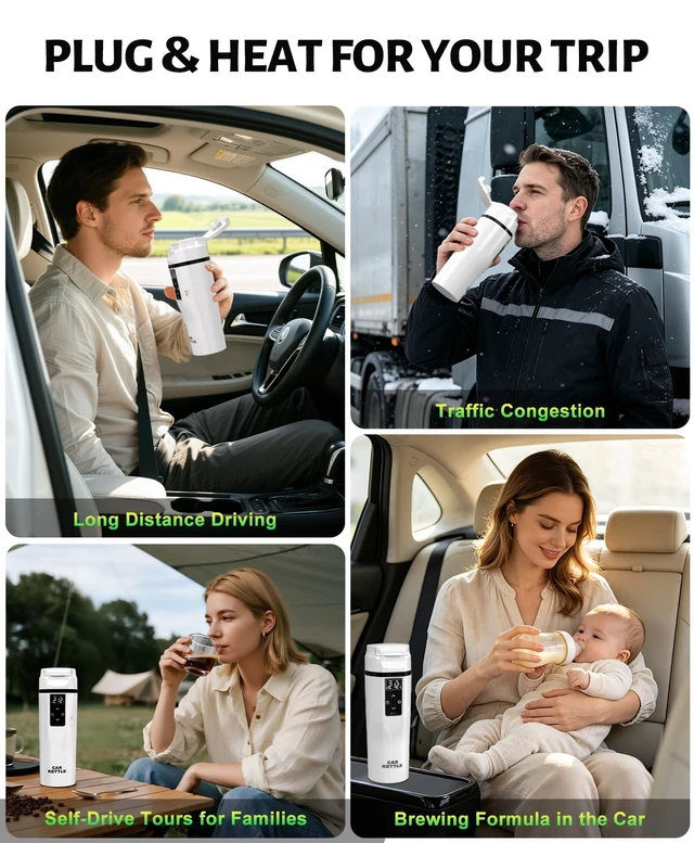 Alt view image 6 of 7 - FVPE Car Electric Kettle with Boil & Keep Warm for Commute/Travel,450ML | 12V/24V Water Boiler for Car/Truck,304 Stainless Steel 12V Kettle,Adjustable Temp,Boil-Dry Protection,Storage Bag & Filter