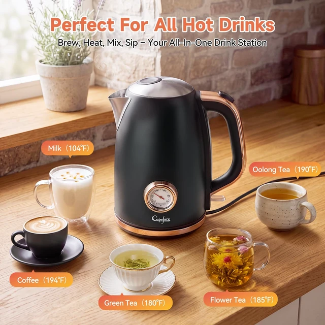 Alt view image 3 of 6 - Capofaro 1500W Fast Boil Retro Classic Electric Kettle, 1.7L Stainless Steel Tea Kettle with Temperature Gauge, BPA-Free, Auto Shut Off & Boil Dry Protection, Easy to Clean, Black and Rose Gold