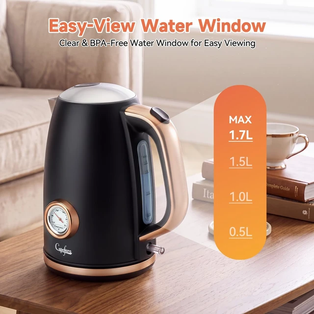 Alt view image 4 of 6 - Capofaro 1500W Fast Boil Retro Classic Electric Kettle, 1.7L Stainless Steel Tea Kettle with Temperature Gauge, BPA-Free, Auto Shut Off & Boil Dry Protection, Easy to Clean, Black and Rose Gold