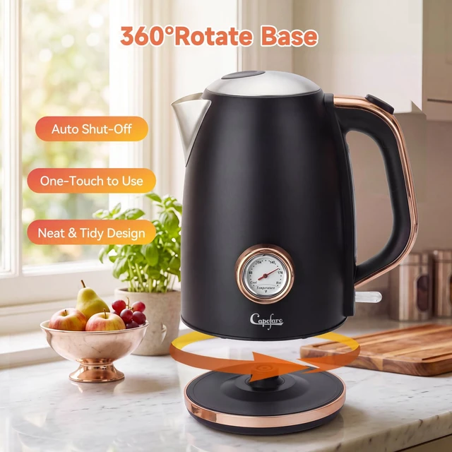 Alt view image 6 of 6 - Capofaro 1500W Fast Boil Retro Classic Electric Kettle, 1.7L Stainless Steel Tea Kettle with Temperature Gauge, BPA-Free, Auto Shut Off & Boil Dry Protection, Easy to Clean, Black and Rose Gold