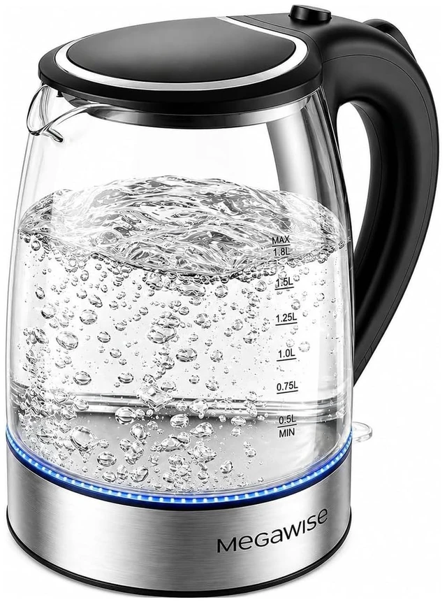 Main image of MEGAWISE Electric Kettle, 1.8L Glass Tea Kettle, Auto Shut-Off, Boil-Dry | Glass kettle with LED indicator and easy-pour design for preparing hot water, tea and coffee with convenient daily operation.