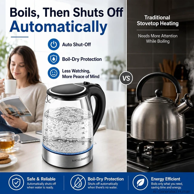Alt view image 3 of 7 - MEGAWISE Electric Kettle, 1.8L Glass Tea Kettle, Auto Shut-Off, Boil-Dry | Glass kettle with LED indicator and easy-pour design for preparing hot water, tea and coffee with convenient daily operation.