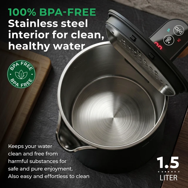 Alt view image 3 of 7 - BALTER Electric Kettle with Temperature control, 113 °F 212 °F, Tea pot, Stainless steel, double wall water kettle, BPA-free, 1.5 L, Black