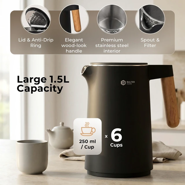 Alt view image 7 of 7 - BALTER Electric Kettle with Temperature control, 113 °F 212 °F, Tea pot, Stainless steel, double wall water kettle, BPA-free, 1.5 L, Black
