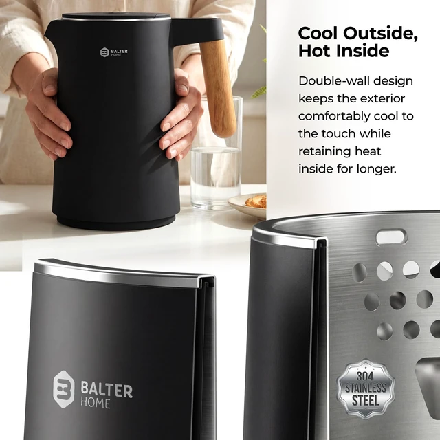 Alt view image 5 of 7 - BALTER Electric Kettle with Temperature control, 113 °F 212 °F, Tea pot, Stainless steel, double wall water kettle, BPA-free, 1.5 L, Black