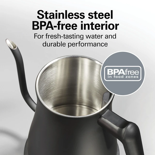 Alt view image 7 of 7 - Compact Gooseneck Kettle | Boiling Water, Pour Over Coffee, Tea | 1200 Watts | Auto Shutoff | Stainless Steel BPA-Free Interior | Black