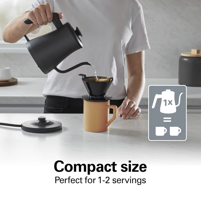 Alt view image 6 of 7 - Compact Gooseneck Kettle | Boiling Water, Pour Over Coffee, Tea | 1200 Watts | Auto Shutoff | Stainless Steel BPA-Free Interior | Black