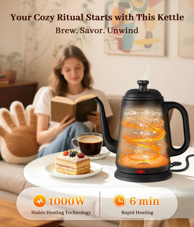 Alt view image 2 of 7 - YTLAD Gooseneck Electric Kettle 1L, 1000W, Pour-Over Coffee & Tea | Precise Flow Spout, 304 Stainless Steel, BPA-Free, Fast Boiling, Auto Shut-Off & Boil-Dry Protection, Retro Design (Black)