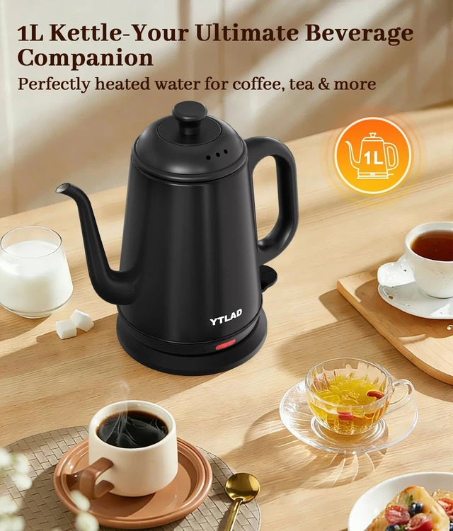 Alt view image 4 of 7 - YTLAD Gooseneck Electric Kettle 1L, 1000W, Pour-Over Coffee & Tea | Precise Flow Spout, 304 Stainless Steel, BPA-Free, Fast Boiling, Auto Shut-Off & Boil-Dry Protection, Retro Design (Black)