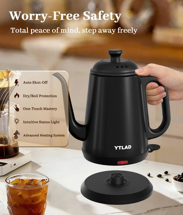 Alt view image 6 of 7 - YTLAD Gooseneck Electric Kettle 1L, 1000W, Pour-Over Coffee & Tea | Precise Flow Spout, 304 Stainless Steel, BPA-Free, Fast Boiling, Auto Shut-Off & Boil-Dry Protection, Retro Design (Black)
