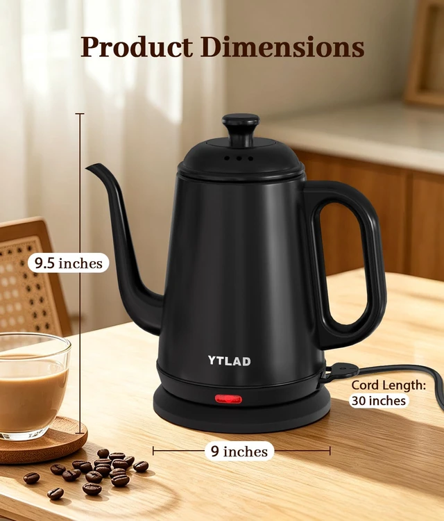 Alt view image 7 of 7 - YTLAD Gooseneck Electric Kettle 1L, 1000W, Pour-Over Coffee & Tea | Precise Flow Spout, 304 Stainless Steel, BPA-Free, Fast Boiling, Auto Shut-Off & Boil-Dry Protection, Retro Design (Black)