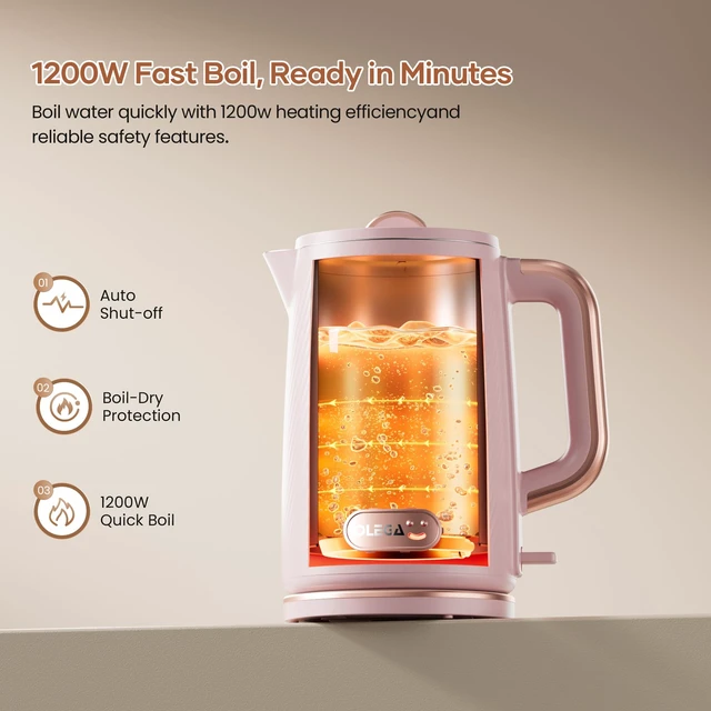 Alt view image 4 of 7 - OLEGA Electric Tea Kettle: 1200W Fast Boil Electric Water Kettles 1.5L | Stainless Steel Kettle; Large Electric Water Kettle; Plastic Free Teapot; Auto Shut-Off Water Boiler; Fast Boil Kettles