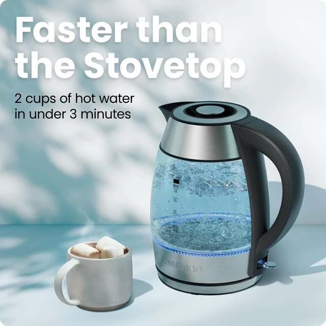 Alt view image 2 of 7 - Chefman Electric Kettle 1500W, 1.8L Hot Water Boiler, Removable Lid for Easy Cleaning, LED Indicators, Auto Shutoff & Boil-Dry Protection, Borosilicate Glass Electric Tea Kettle Stainless Steel