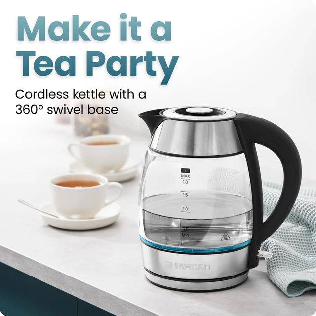 Alt view image 5 of 7 - Chefman Electric Kettle 1500W, 1.8L Hot Water Boiler, Removable Lid for Easy Cleaning, LED Indicators, Auto Shutoff & Boil-Dry Protection, Borosilicate Glass Electric Tea Kettle Stainless Steel