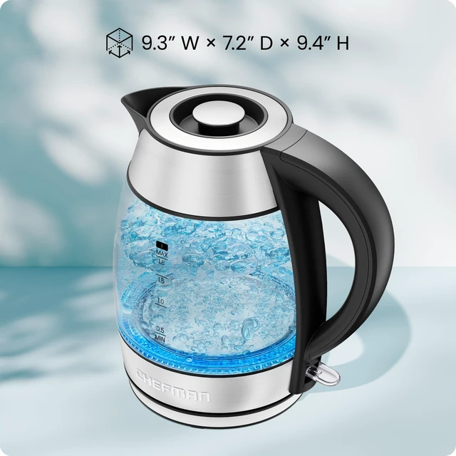 Alt view image 7 of 7 - Chefman Electric Kettle 1500W, 1.8L Hot Water Boiler, Removable Lid for Easy Cleaning, LED Indicators, Auto Shutoff & Boil-Dry Protection, Borosilicate Glass Electric Tea Kettle Stainless Steel
