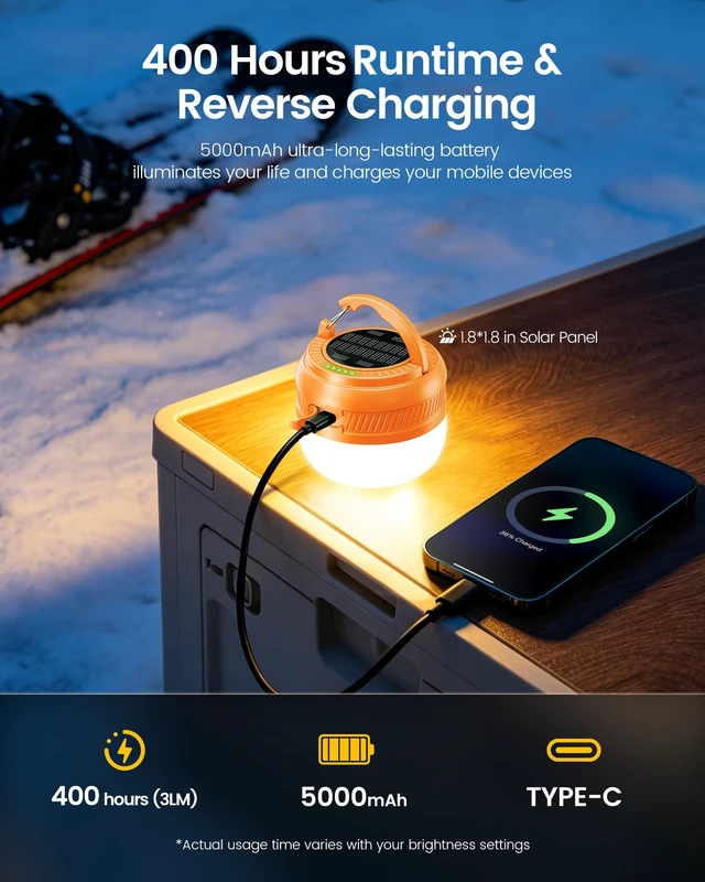 Alt view image 3 of 6 - Glocusent 400H Camping Lantern, 5000mAh Rechargeable Lantern, Solar Pocket | Led Camping Lantern with 5 Brightness 3 Modes, IPX5 Waterproof, Pocket Lanterns for Power Outages, Emergency Light, Camping