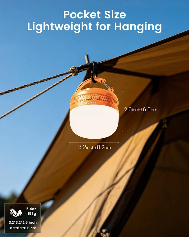 Alt view image 5 of 6 - Glocusent 400H Camping Lantern, 5000mAh Rechargeable Lantern, Solar Pocket | Led Camping Lantern with 5 Brightness 3 Modes, IPX5 Waterproof, Pocket Lanterns for Power Outages, Emergency Light, Camping