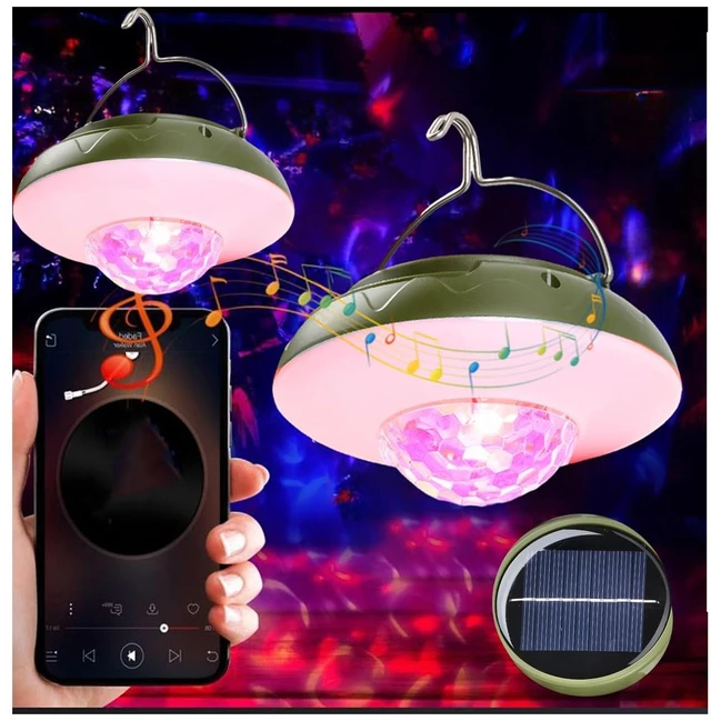 Main image of 2 Pack Solar Camping Lights Lantern DJ Disco Ball Tent Music Sync Strobe | Halloween Christmas Decor Festivals Gifts USB Rechargeable RGB Color Changing Hanging Lamp for Outdoor Party Birthday
