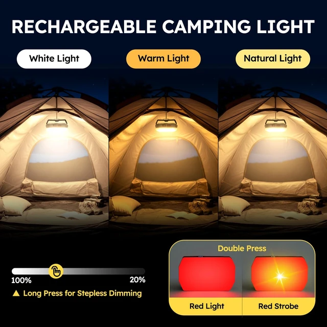 Alt view image 2 of 6 - Camping Lights 2Pack, 2000LM Rechargeable Camp Light, LED Camping Lantern | 3 Color Temps, Dimmable, Magnetic Waterproof Camping Essentials for Hurricane, Emergency Power Outages, Work Light