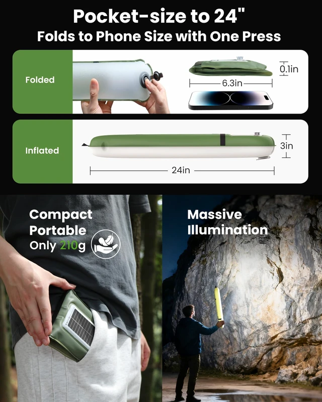 Alt view image 2 of 7 - 24" Inflatable Solar Camping Lantern IP66 TPU Emergency Hiking Light(Green) | 4000mAh Battery | Magnetic Hanging LED Tube | USB-C Rechargeable & Phone Charger for Outages, Backpacking & Survival Kits