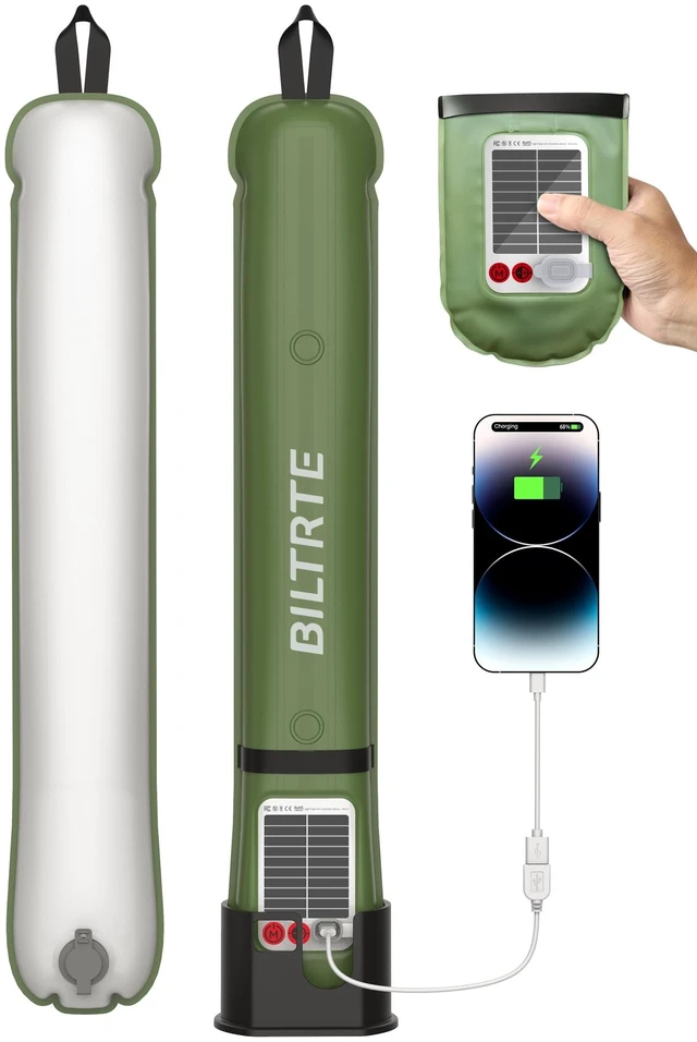 Main image of 24" Inflatable Solar Camping Lantern IP66 TPU Emergency Hiking Light(Green) | 4000mAh Battery | Magnetic Hanging LED Tube | USB-C Rechargeable & Phone Charger for Outages, Backpacking & Survival Kits
