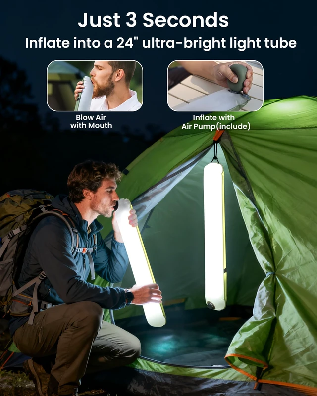 Alt view image 3 of 7 - 24" Inflatable Solar Camping Lantern IP66 TPU Emergency Hiking Light(Green) | 4000mAh Battery | Magnetic Hanging LED Tube | USB-C Rechargeable & Phone Charger for Outages, Backpacking & Survival Kits