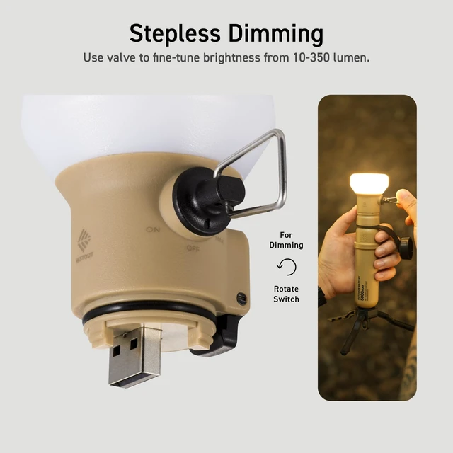 Alt view image 6 of 7 - NESTOUT Rugged Outdoor Camping LED Lantern w/ Mini Tripod, Dimmable USB Powered Soft LED Light, IP44 Water Dust Resistant, 10-350 Lumen, Portable Lamp for Power Bank EDC Travel, LAMP-1 (Beige)