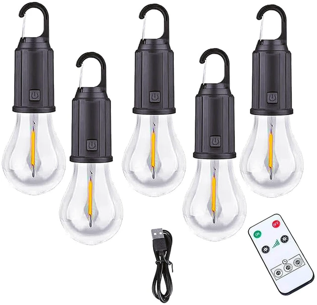 Main image of 5 Pack Camping Lights with Remote Control Timer Function Tent Lamp Hanging Outdoor Camp Rechargeable Bulb Portable Lantern with Clip Hook 3 Lighting Modes for Hiking Backpacking Warm Light
