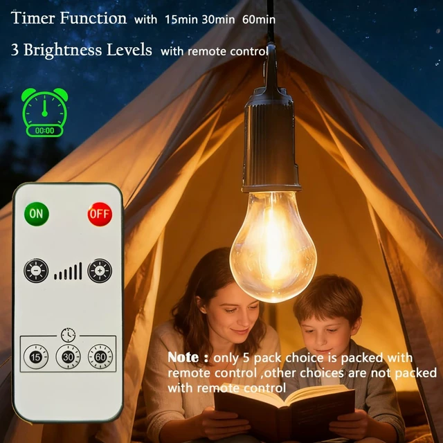 Alt view image 2 of 7 - 5 Pack Camping Lights with Remote Control Timer Function Tent Lamp Hanging Outdoor Camp Rechargeable Bulb Portable Lantern with Clip Hook 3 Lighting Modes for Hiking Backpacking Warm Light