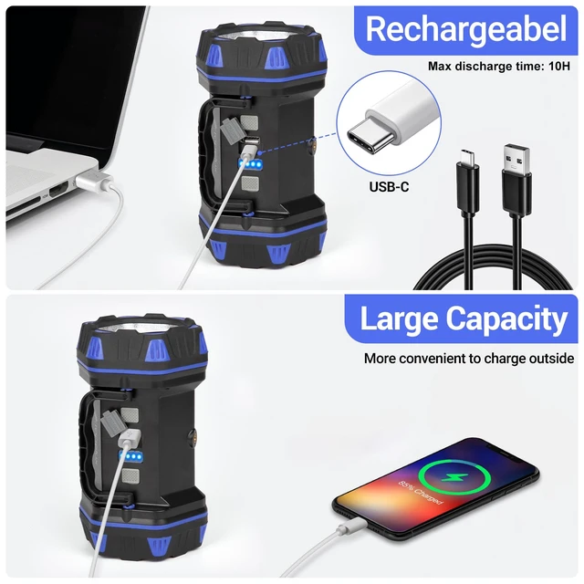Alt view image 6 of 7 - Led Camping Lantern Rechargeable, Camping Flashlight 1500LM, 8 Light Modes, Camping Lights 4800 Capacity, Portable Bright Flash Light for Emergencies, Power Outages, Hurricane, Hiking (Blue 1PACK).
