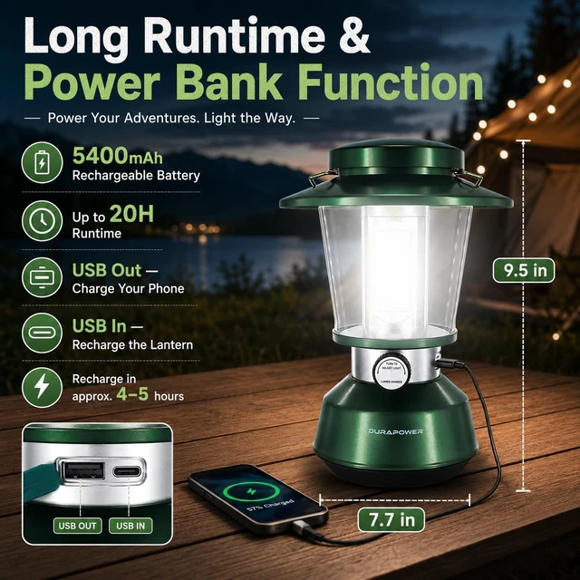 Alt view image 3 of 7 - Durapower Rechargeable Camping Lantern,2800 Lumen Super Bright LED Camping Lantern, 5400 mAh Power Bank, IP44 Waterproof, 20 Hours, Portable Lantern for Hurricane, Power Outages