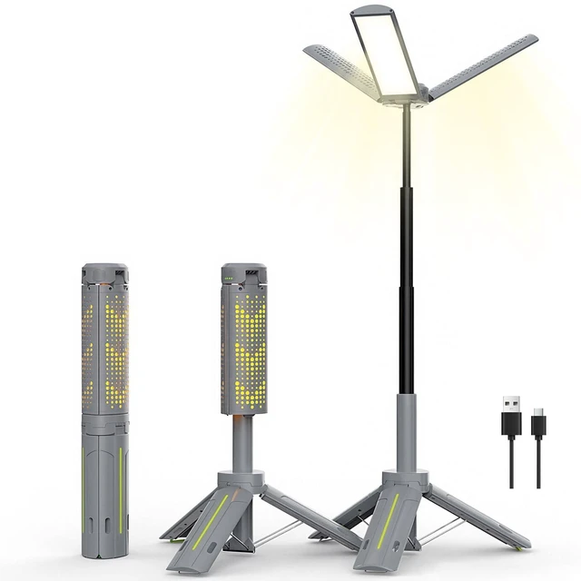Main image of BUBRA Rechargeable Camping Light with Stand, 3000 Lumen Led Work Light | 8000mAh, 3.4 ft Cordless Work Light, 3 Adjustable Heads, Dimmable LED Flashlight for Camping, Tent & Emergency