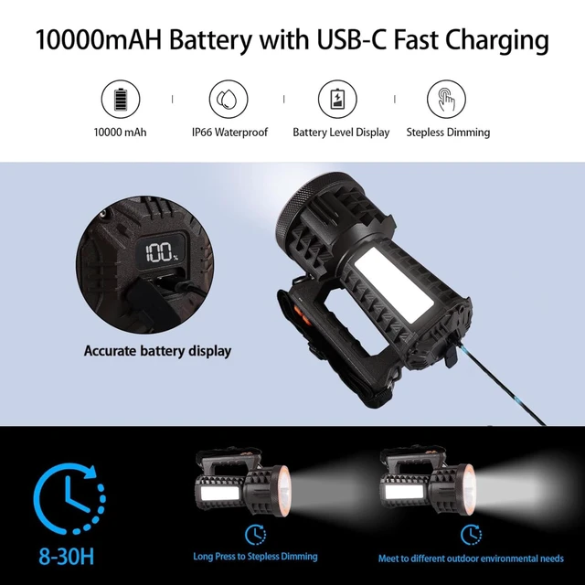 Alt view image 2 of 6 - VAVOFO 2000LM 10000mAh Rechargeable LED Lantern, Camping Essentials Flashlight, Stepless Dimming, IP66 Waterproof, Long Running Spot Light for Hurricane, Power Outages, Hiking