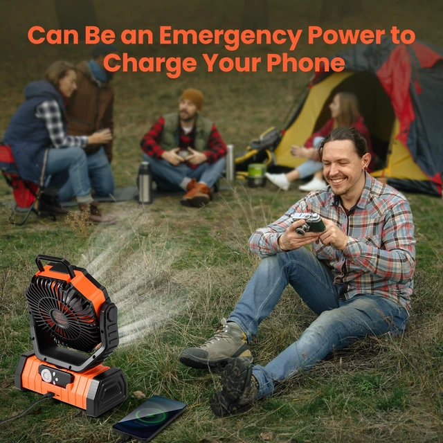 Alt view image 5 of 7 - Odoland 30000mAh Camping Fan with LED Lantern, Rechargeable Battery Fan | Operated Oscillating Fan with Remote & Hook, Portable Tent Fan with Timer, 4 Speeds for Outdoor Camp RV Power Outage, Orange
