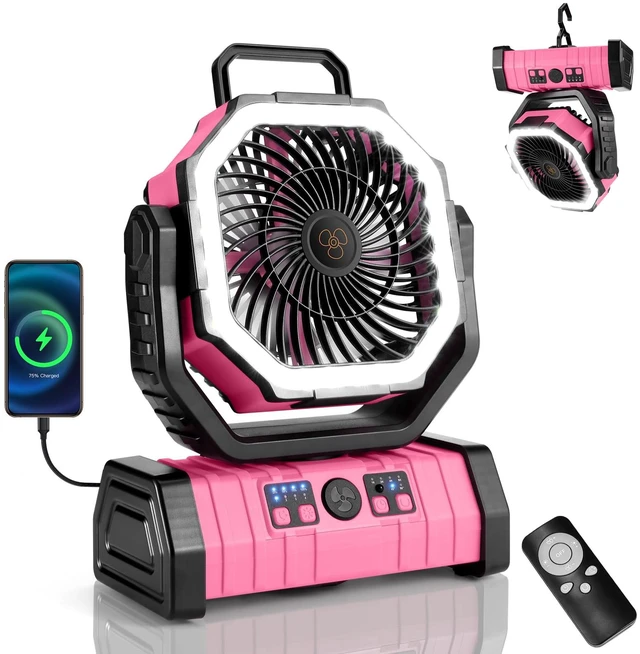 Main image of Odoland 30000mAh Camping Fan with LED Lantern, Rechargeable Battery Fan | Operated Oscillating Fan with Remote & Hook, Portable Tent Fan with Timer, 4 Speeds for Outdoor Camp RV Power Outage, Pink