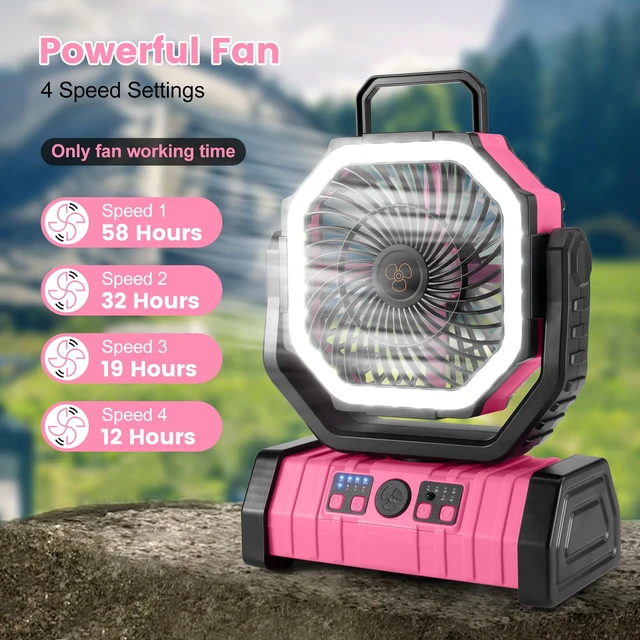 Alt view image 3 of 7 - Odoland 30000mAh Camping Fan with LED Lantern, Rechargeable Battery Fan | Operated Oscillating Fan with Remote & Hook, Portable Tent Fan with Timer, 4 Speeds for Outdoor Camp RV Power Outage, Pink