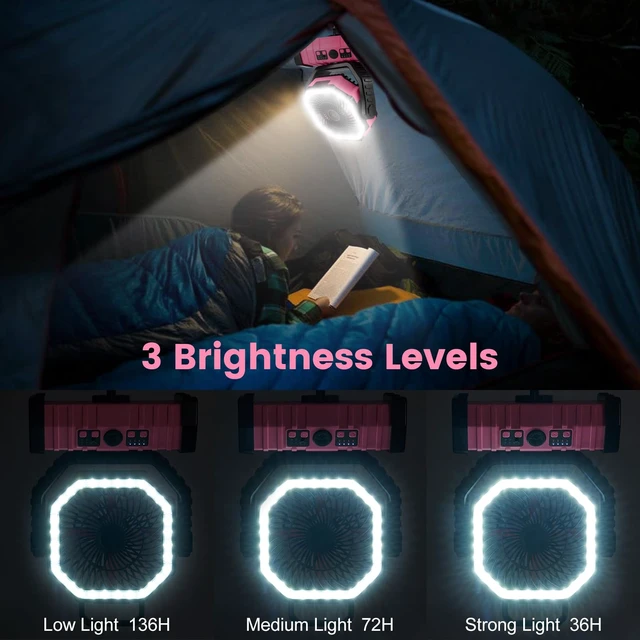 Alt view image 4 of 7 - Odoland 30000mAh Camping Fan with LED Lantern, Rechargeable Battery Fan | Operated Oscillating Fan with Remote & Hook, Portable Tent Fan with Timer, 4 Speeds for Outdoor Camp RV Power Outage, Pink