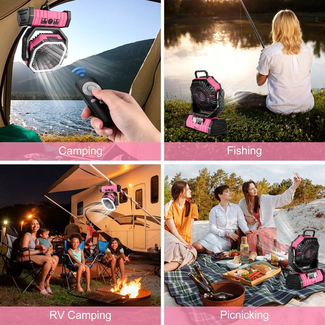 Alt view image 2 of 7 - Odoland 30000mAh Camping Fan with LED Lantern, Rechargeable Battery Fan | Operated Oscillating Fan with Remote & Hook, Portable Tent Fan with Timer, 4 Speeds for Outdoor Camp RV Power Outage, Pink