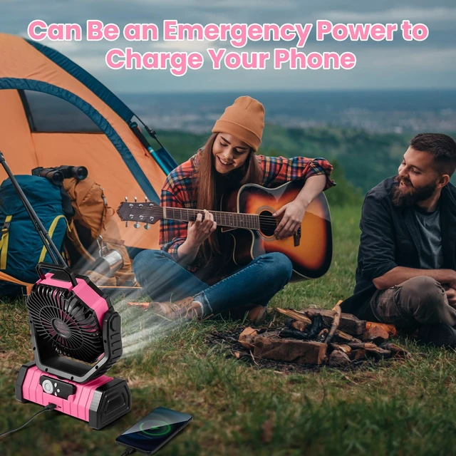 Alt view image 5 of 7 - Odoland 30000mAh Camping Fan with LED Lantern, Rechargeable Battery Fan | Operated Oscillating Fan with Remote & Hook, Portable Tent Fan with Timer, 4 Speeds for Outdoor Camp RV Power Outage, Pink