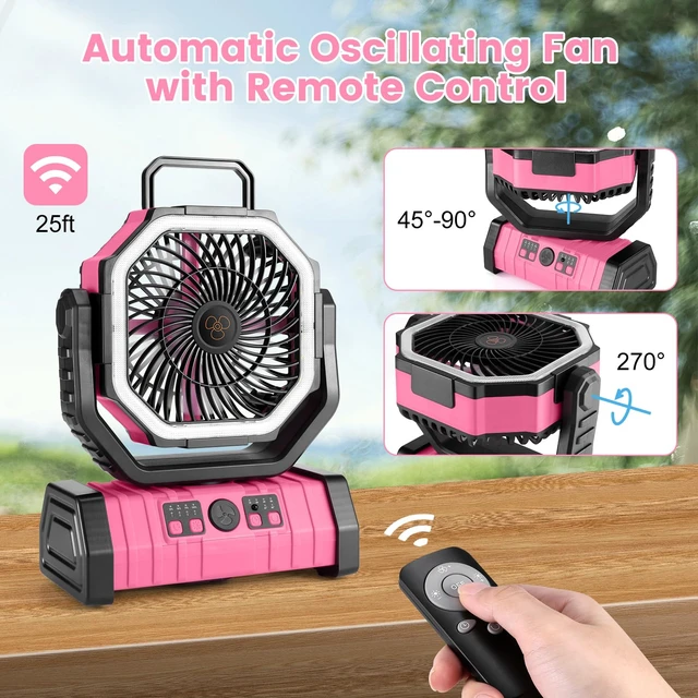 Alt view image 6 of 7 - Odoland 30000mAh Camping Fan with LED Lantern, Rechargeable Battery Fan | Operated Oscillating Fan with Remote & Hook, Portable Tent Fan with Timer, 4 Speeds for Outdoor Camp RV Power Outage, Pink
