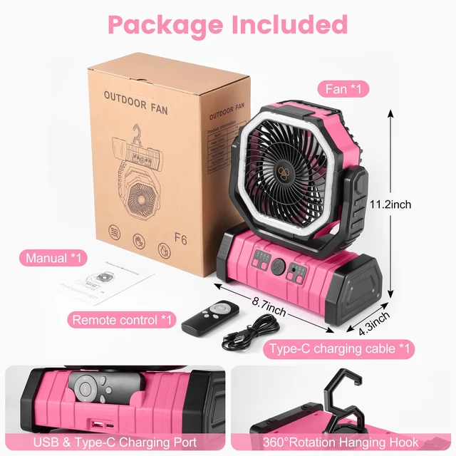 Alt view image 7 of 7 - Odoland 30000mAh Camping Fan with LED Lantern, Rechargeable Battery Fan | Operated Oscillating Fan with Remote & Hook, Portable Tent Fan with Timer, 4 Speeds for Outdoor Camp RV Power Outage, Pink